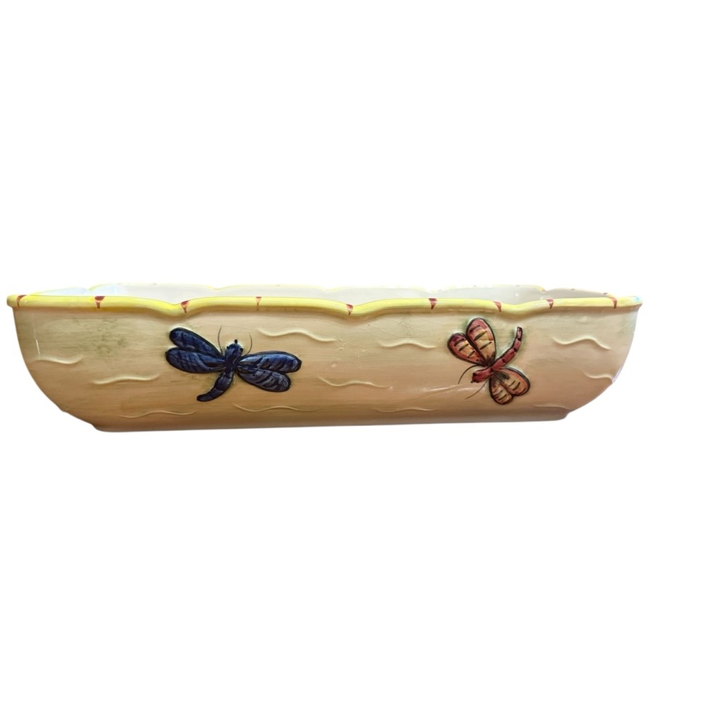 Frutuoso & Frutuoso Textured Dragonfly Ceramic Serving Bowl Ivory Floral Decor
